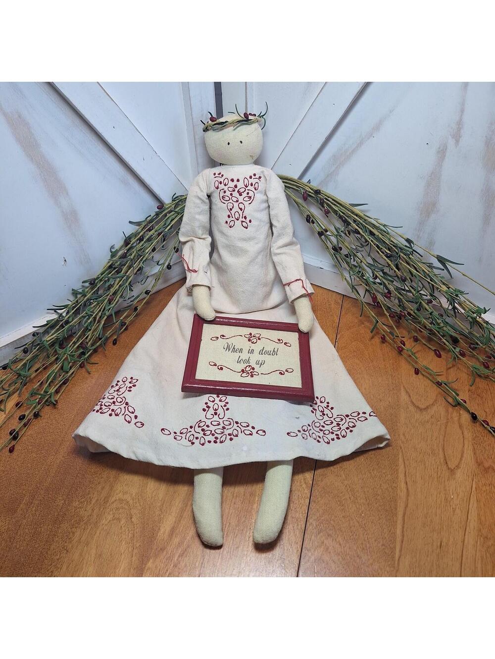 Primitive Folk Art Rag Doll Angel Holding  Picture Frame "When In Doubt Look Up"